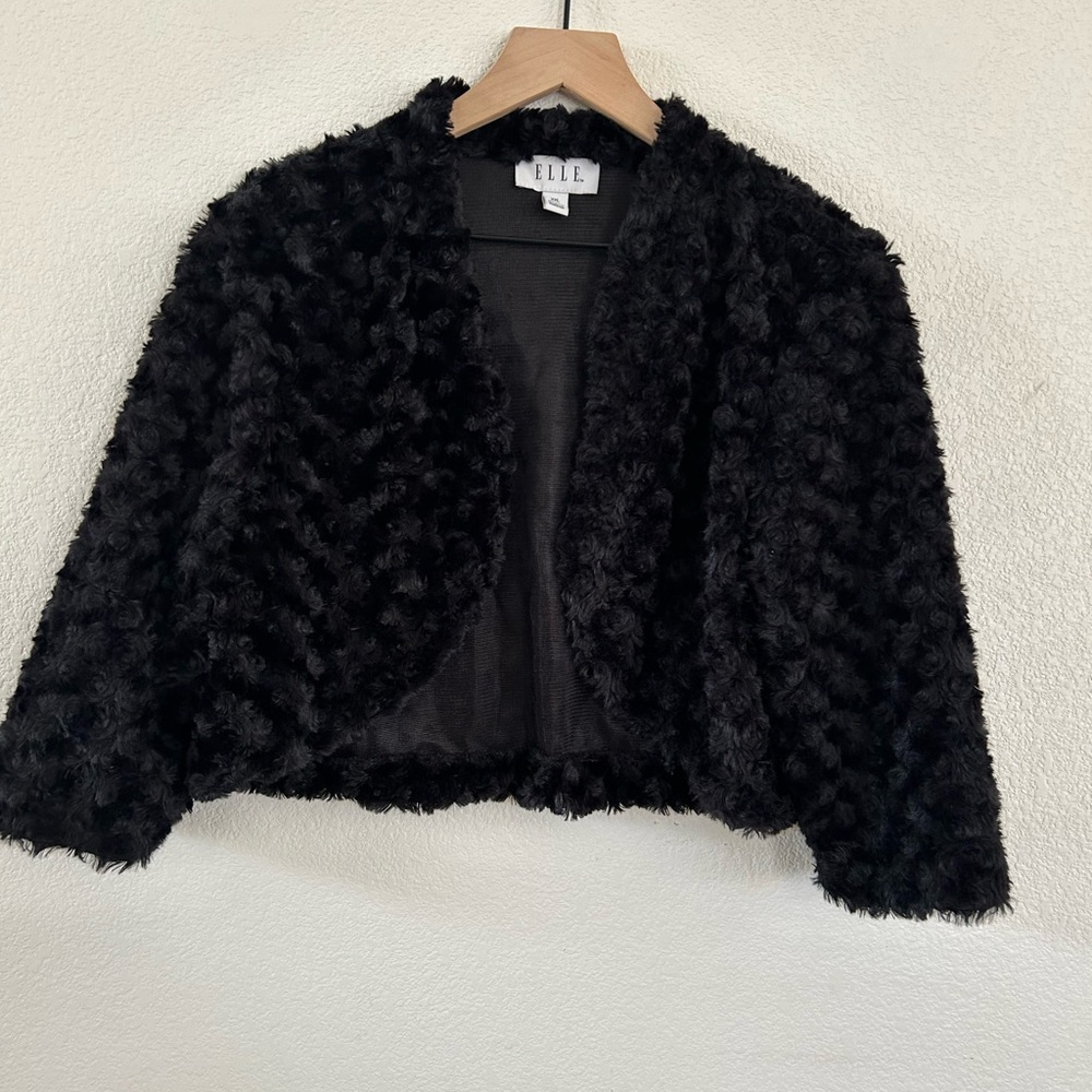 ELLE Black Plush Teddy Jacket Cropped Open Front
